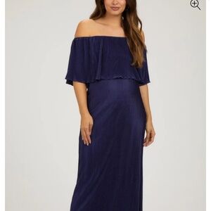 Navy Pleated Ruffle Off Shoulder Maternity Maxi Dress